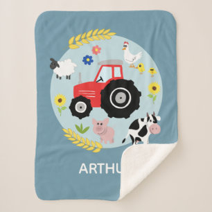 Couverture Sherpa Garçons Cute Blue Farm Animaux Tracteur & Nom Enfa