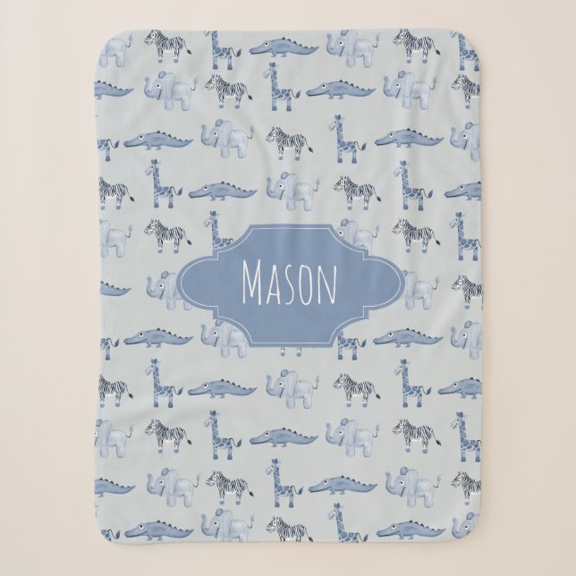 Couverture Sherpa Garçons Cute Blue Safari Animaux Motifs Enfants (Devant)