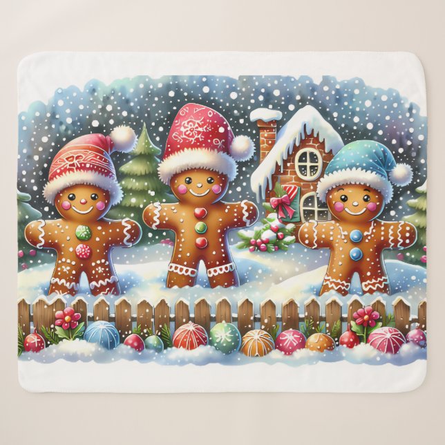 Couverture Sherpa Gingerbread Family Snowy Christmas Scene (Devant (Horizontal))