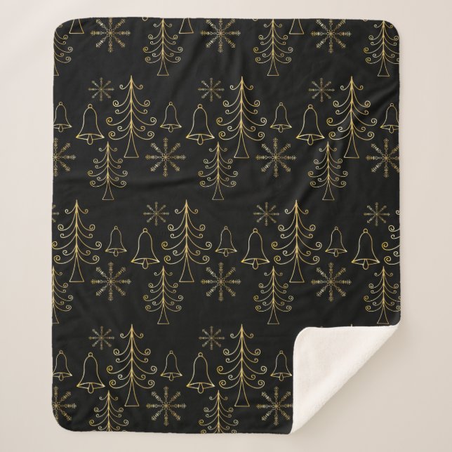 Couverture Sherpa Gold Christmas Tree Bell et Snowflake Motif (Devant)