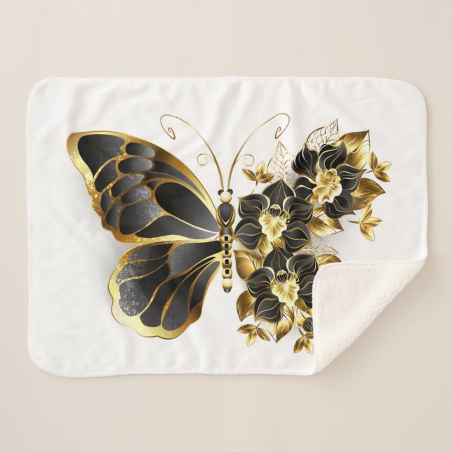 Couverture Sherpa Gold flower Butterfly with Black Orchid (Devant (Horizontal))