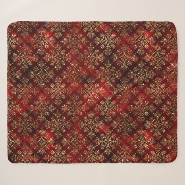 Couverture Sherpa Gold Holiday Red Christmas Metallic Damask Élégant (Devant (Horizontal))
