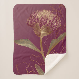 Couverture Sherpa Gold Protea Flower Burgundy Botanical Linework