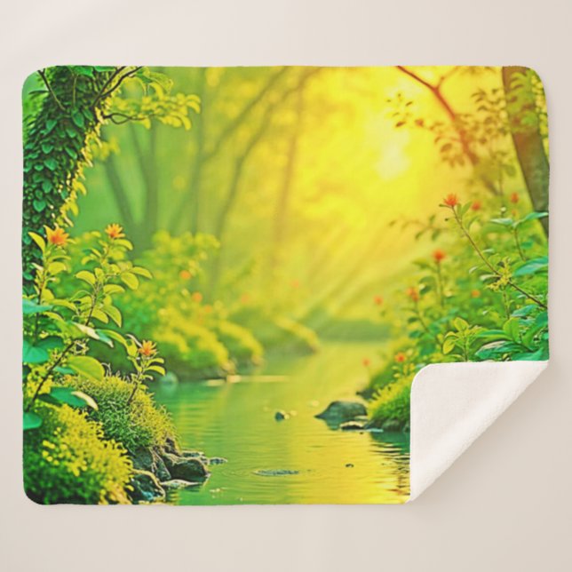 Couverture Sherpa Golden Forest Stream Peaceful Art (Devant (Horizontal))