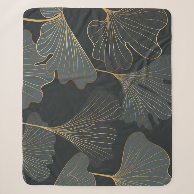 Couverture Sherpa Golden Ginkgo : Luxueux Déco Floral. (Devant)