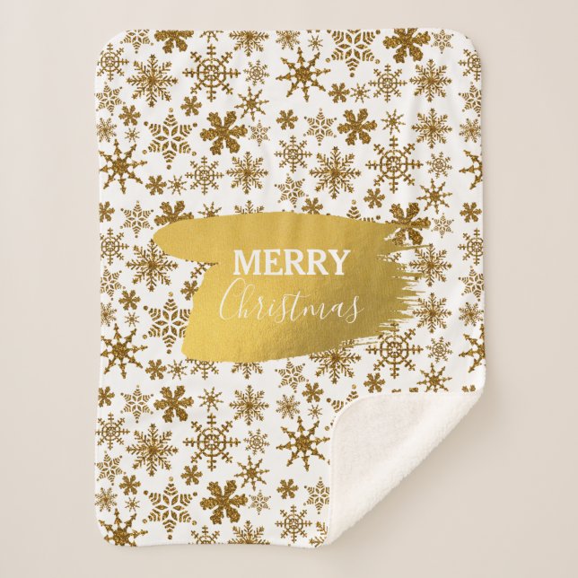 Couverture Sherpa Golden Sparkling Snowflakes Joyeux Noël (Devant)