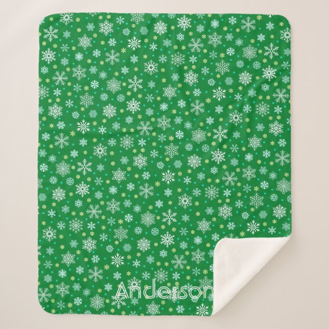 Couverture Sherpa Green Custom Name Modern Chic Élégant Snowflakes (Devant)