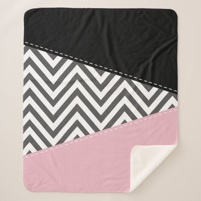 Couverture Sherpa Gris Zigzag, Gris Chevron, Motif Zigzag, Rose (Devant)