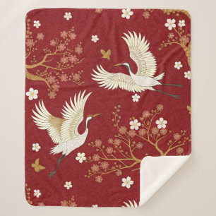 Couverture Sherpa Grue couronné rouge motif Sakura (1)