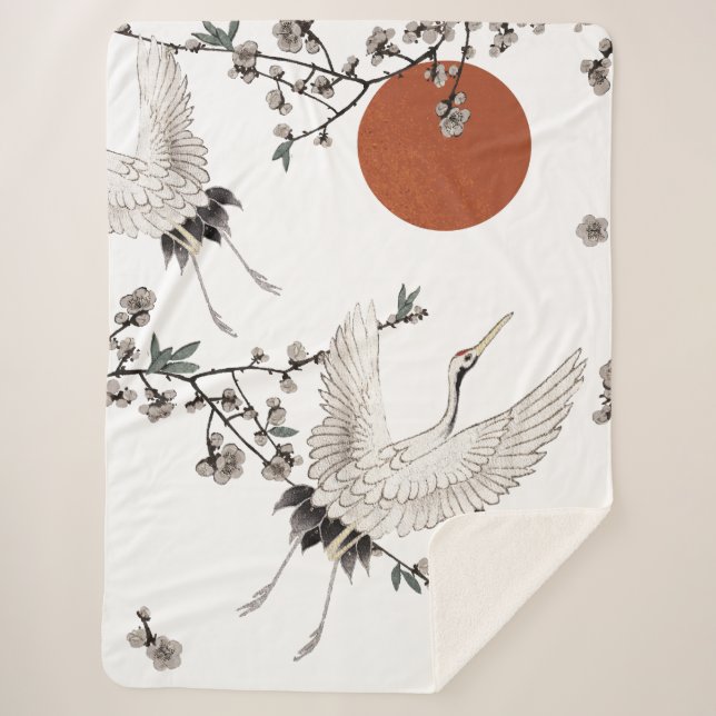 Couverture Sherpa Grue japonaise traditionnelle à fleurs de prune (Devant)