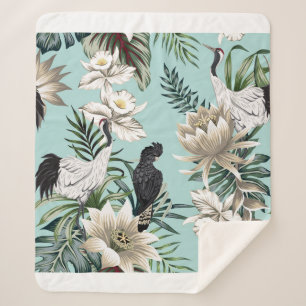 Couverture Sherpa Grue vintage tropicale, perroquet, lotus flowe