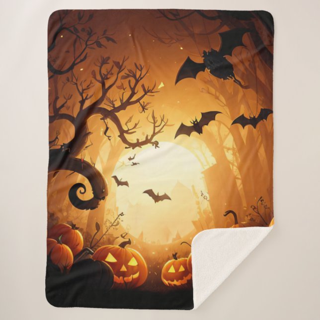 Couverture Sherpa Halloween/chauve-souris/Citrouille/automne (Devant)