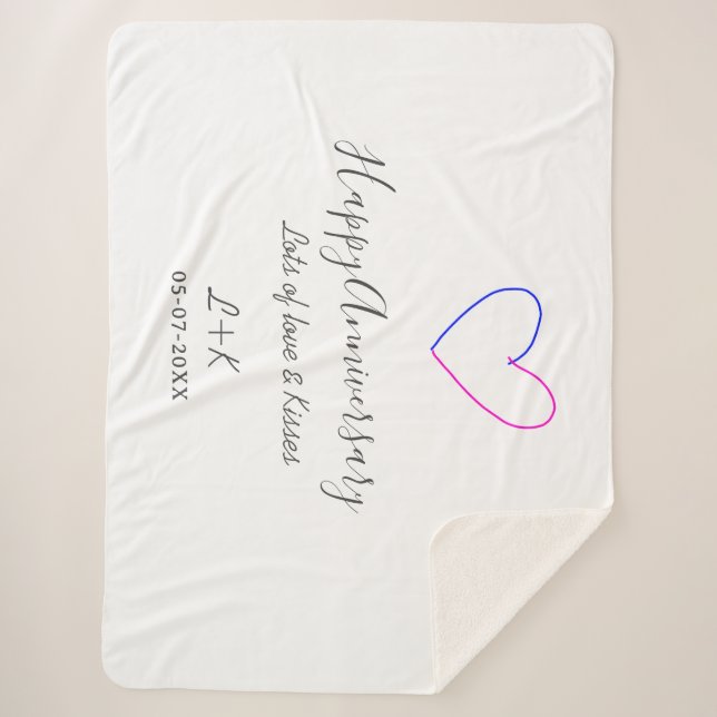 Couverture Sherpa Happy anniversary pink blue heart name date simple (Devant)