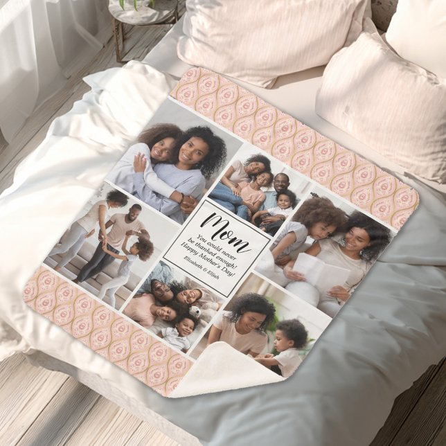 Couverture Sherpa Happy Mothers Day 6 photo collage (a pretty pink 6 photo Mothers Day Blanket. Personalize it with a short message.)