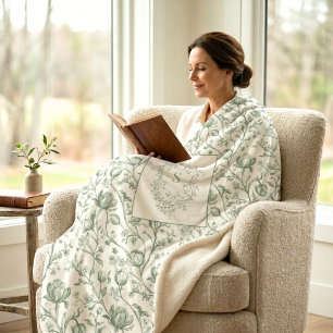 Couverture Sherpa Héritage Luxe Sage Toile Français Monogramme Blaso