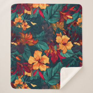 Couverture Sherpa Hibiscus coloré, Jaune Orange Vert Floral