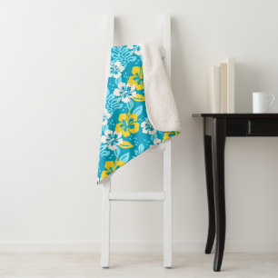 Couverture Sherpa Hibiscus hawaïen bleu motif floral