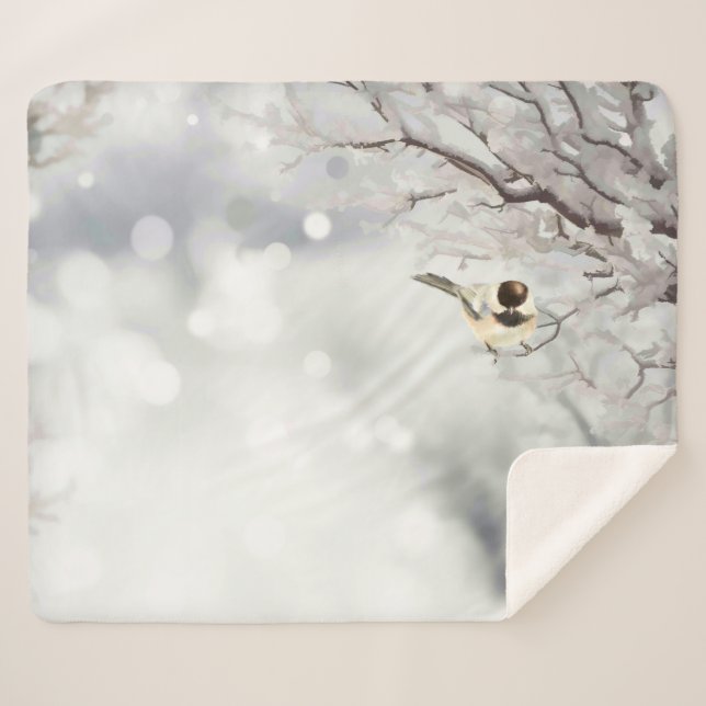 Couverture Sherpa Hiver Frosty Tree Chickadee Bird Fleece Blanche (Devant (Horizontal))