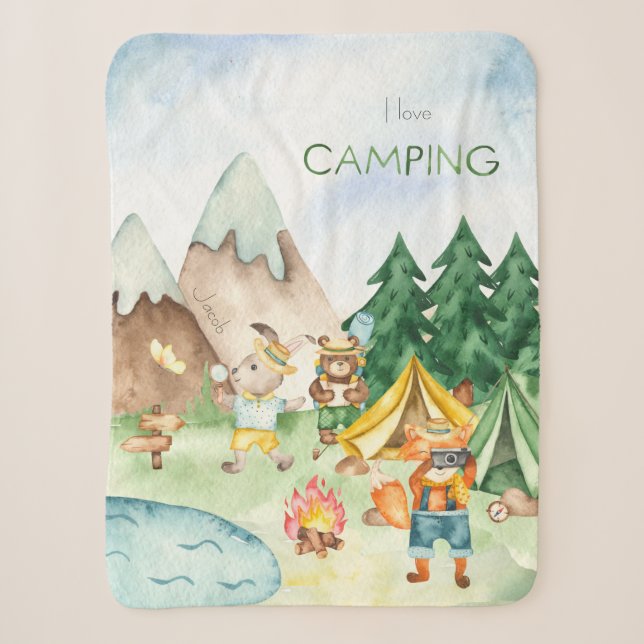 Couverture Sherpa I Love Camping Bois Animaux Enfants Aquarelle (Devant)