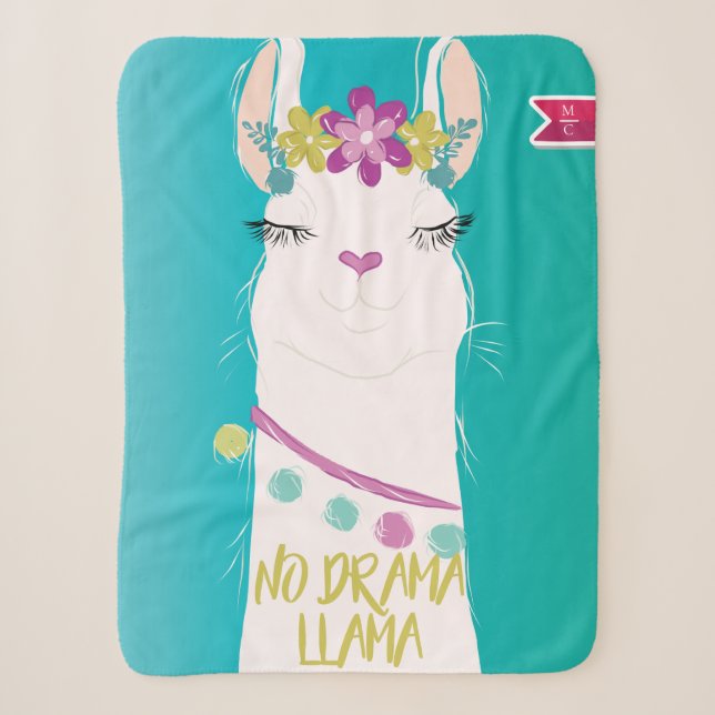Couverture Sherpa Illustration No Drama Llama avec Monogramme (Devant)