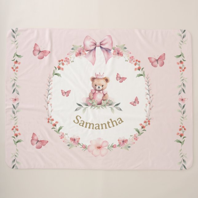 Couverture Sherpa Imaginaires floraux roses et oursons en peluche (Devant (Horizontal))