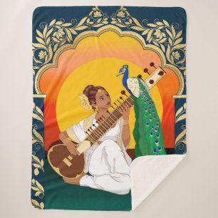 Couverture Sherpa Indian girl playing sitar with a peacock