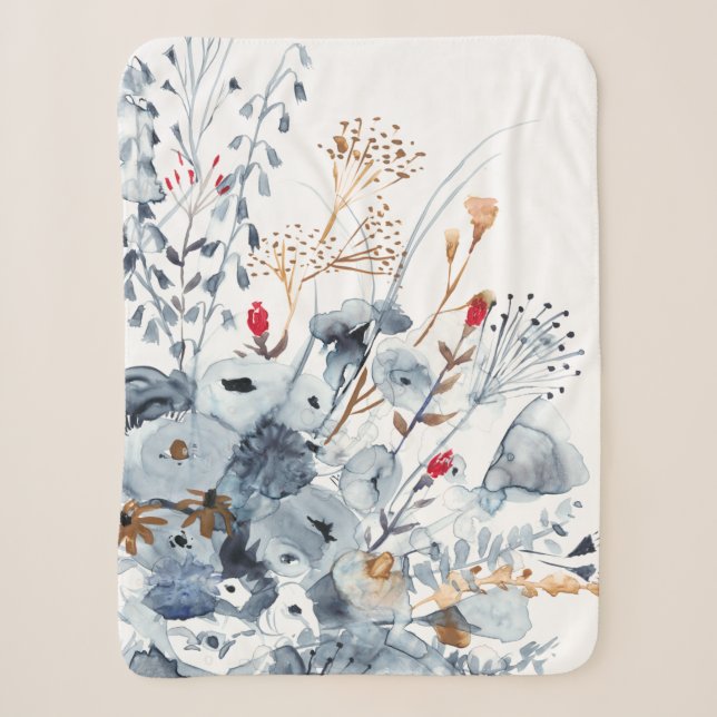 Couverture Sherpa Indigo & Ochre - Fleurs aquarelles (Devant)