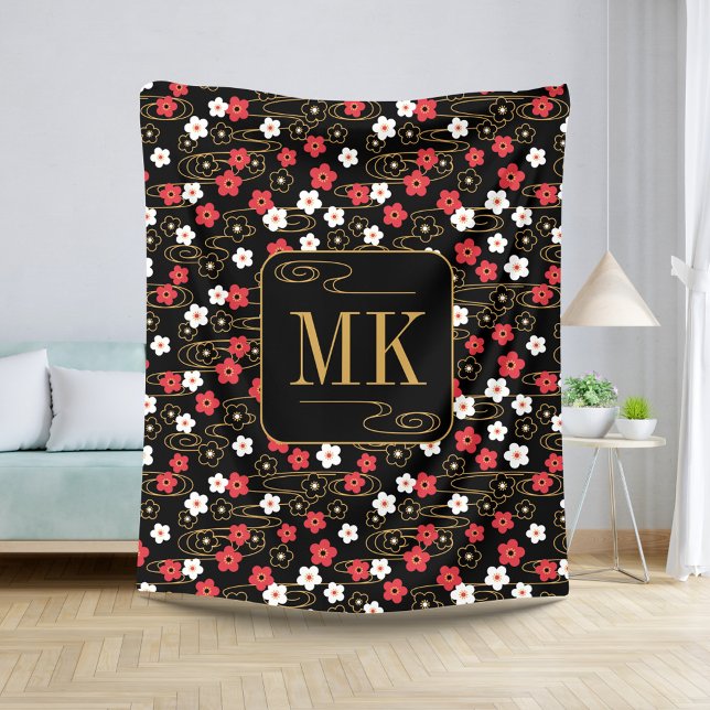 Couverture Sherpa Initiales du monogramme noir Sakura en fleurs (Créateur téléchargé)