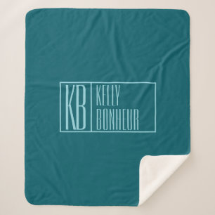 Couverture Sherpa Initiales et nom modernes Turquoise foncé et ble