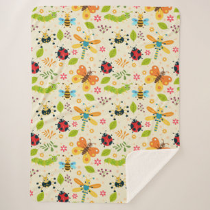 Couverture Sherpa Insectes de dessin animé colorés avec des fleurs e