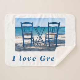 Couverture Sherpa J'aime Grèce taverna photo bleu et blanc