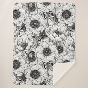 Couverture Sherpa Jardin d'anémones en noir et blanc