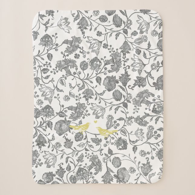 Couverture Sherpa Jaune Gris Blanc Floral Oiseau Ferme Motif (Devant)
