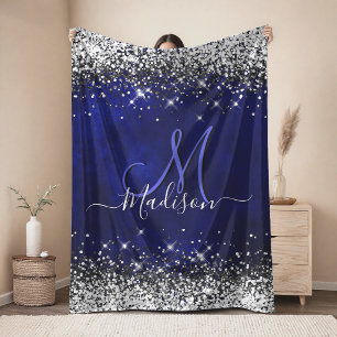 Couverture Sherpa Joli bleu royal argent faux monogramme paillettes