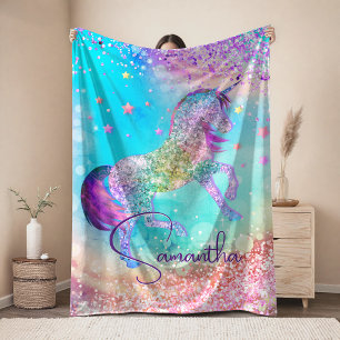 Couverture Sherpa Joli licorne rose paillettes arc-en-ciel aqua mono