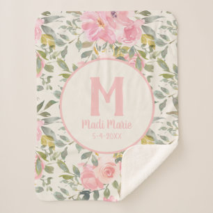 Couverture Sherpa Joli monogramme floral rose fille avec feuilles ve