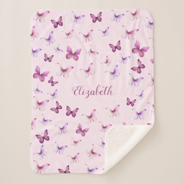 Couverture Sherpa Joli papillon rose et violet fille (Devant)