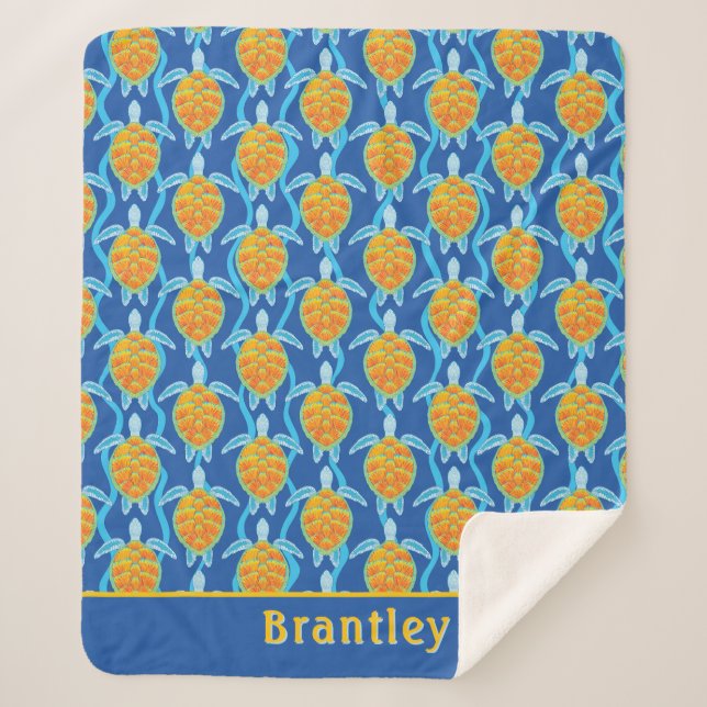 Couverture Sherpa Joueuse Orange Blue Sea Turtle Design (Devant)