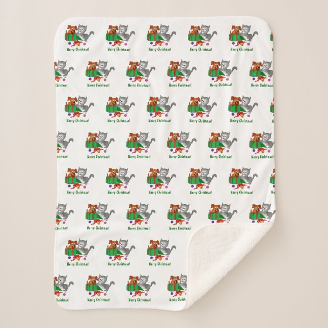 Couverture Sherpa Joyeux Noël avec chat et chiot (Devant)