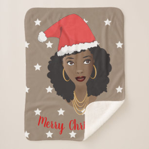 Couverture Sherpa Joyeux Noël, Femme noire, Étoiles blanches, Brown