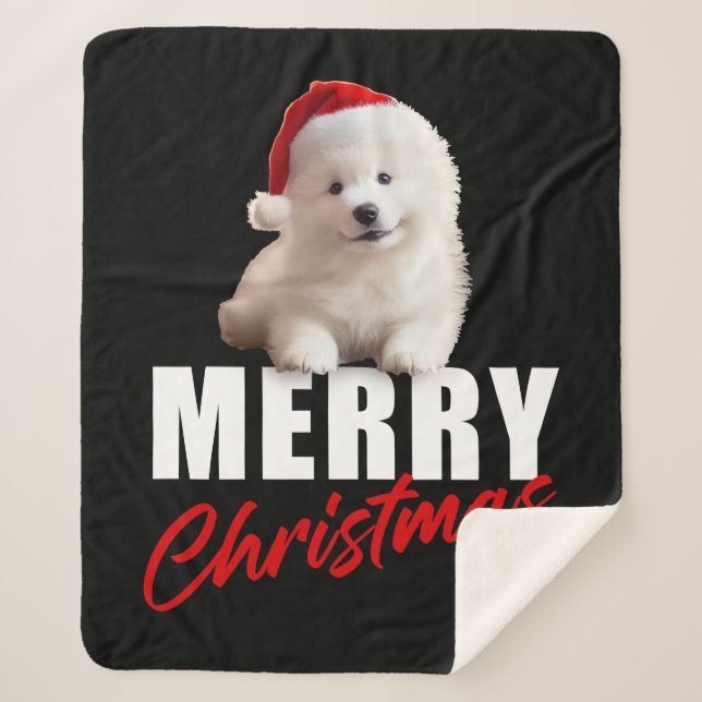 Couverture Sherpa Joyeux Noël mignonne Samoyé Chiot avec Santa Hat (Devant)