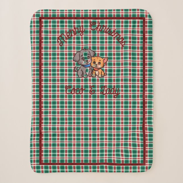 Couverture Sherpa Joyeux Noël vérifié Sherpa Blanket avec les chiens (Devant)