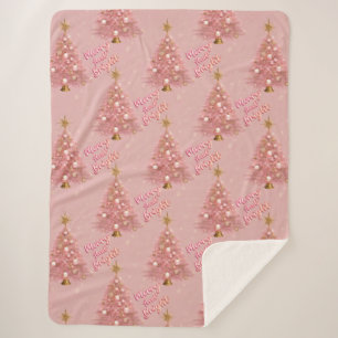 Couverture Sherpa Joyeux or rose et arbre de Noël brillant