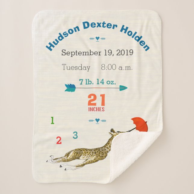 Couverture Sherpa Jungle Nursery Flying Giraffe Baby Boy Stats de na (Devant)