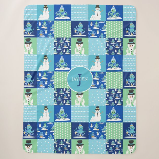 Couverture Sherpa Kids Octopus Winter Sports Patchwork Personalized  (Devant)
