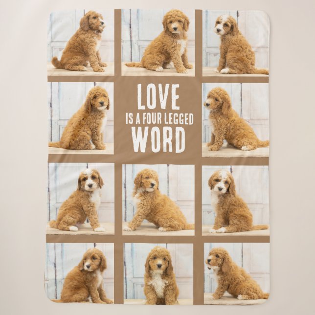 Couverture Sherpa L'AMOUR EST | Photo Collage Chiot sur Brown (Devant)