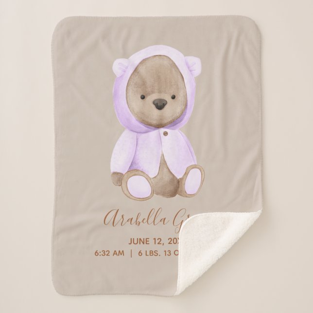 Couverture Sherpa Lavender Teddy Bear Bébé statistiques de naissance (Devant)