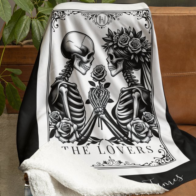 Couverture Sherpa Les Lovers Tarot Card Skeletons Monogram Mariage (Créateur téléchargé)
