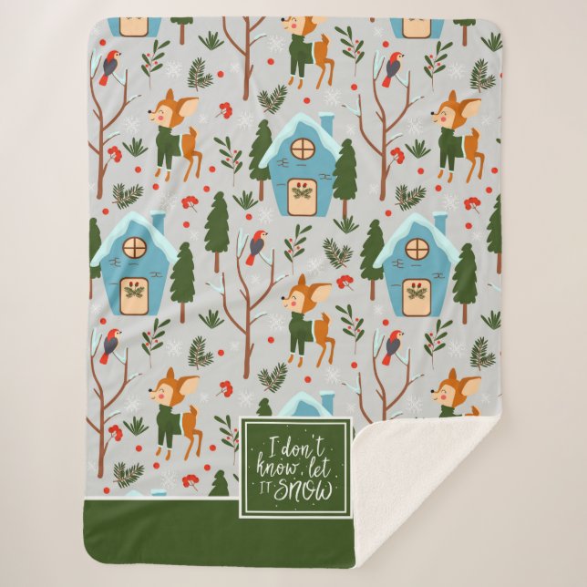 Couverture Sherpa Let it Snow Cute Reindeer Pattern with Green (Devant)