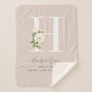 Couverture Sherpa LETTRE Florale Rose BLANCHE H Script Bébé Statisti